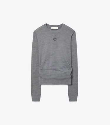 Tory Burch designer sweaters Chandail en laine à logo T dans Frosted Gray Melange de face
