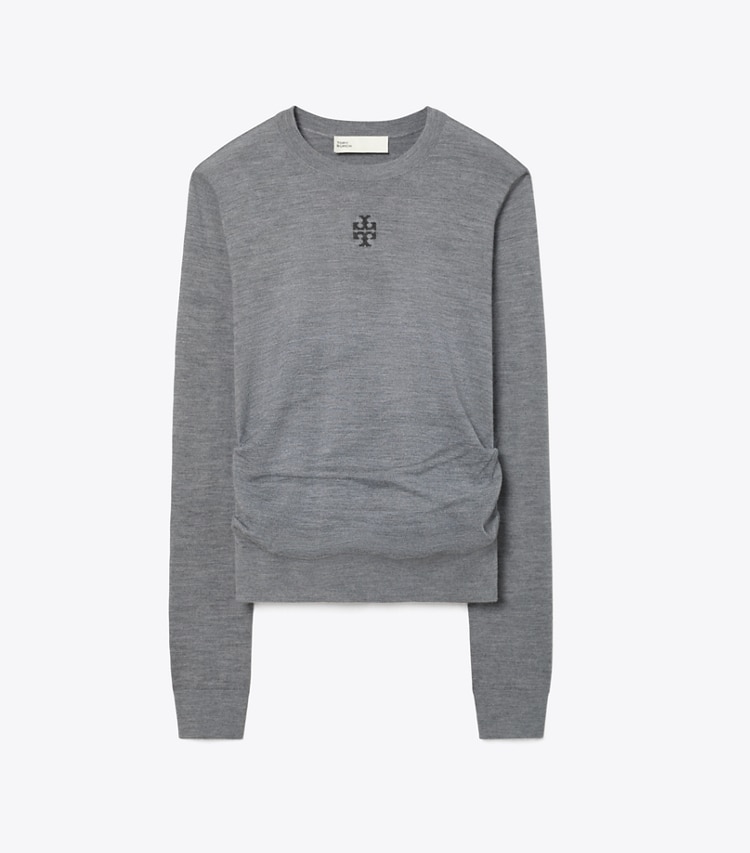 Tory Burch designer sweaters Chandail en laine à logo T dans Frosted Gray Melange de face