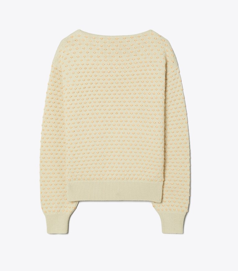 Tory Burch designer sweaters Chandail en laine brodé de raphia dans Pale Almond / Raffia de face