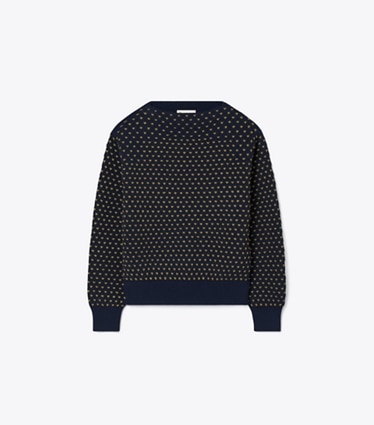 Tory Burch designer sweaters Chandail en laine brodé de raphia dans Navy / Raffia de face