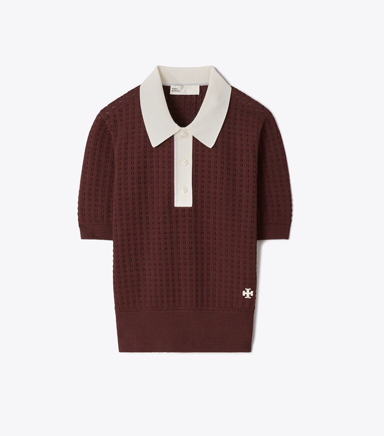 Tory Burch designer sweaters Chandail en maille pointelle de coton dans Mahogany / New Ivory de face