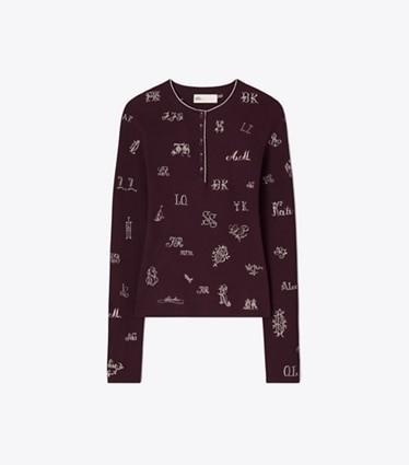 Tory Burch designer sweaters Chandail Henley brodé dans Evening Plum de face
