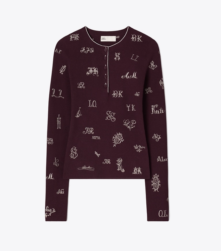 Tory Burch designer sweaters Chandail Henley brodé dans Evening Plum de face