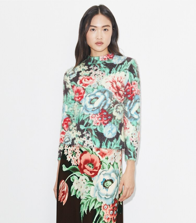 Tory Burch designer sweaters Chandail imprimé dans Multi Floral détail sur modèle