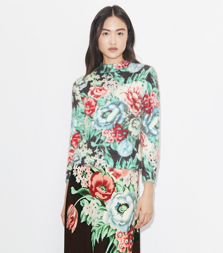Tory Burch designer sweaters Chandail imprimé dans Multi Floral détail sur modèle