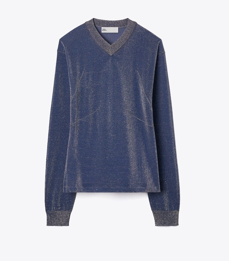 Tory Burch designer sweaters Chandail métallisé à encolure en V dans Blue / Gold de face