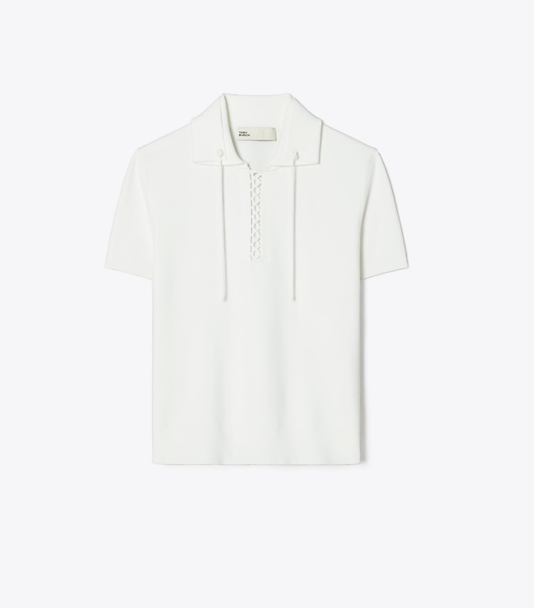 Tory Burch designer sweaters Chandail polo à lacets dans White de face