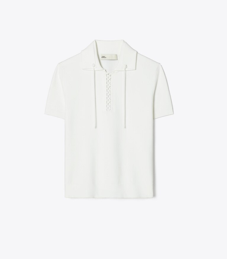Tory Burch designer sweaters Chandail polo à lacets dans White de face