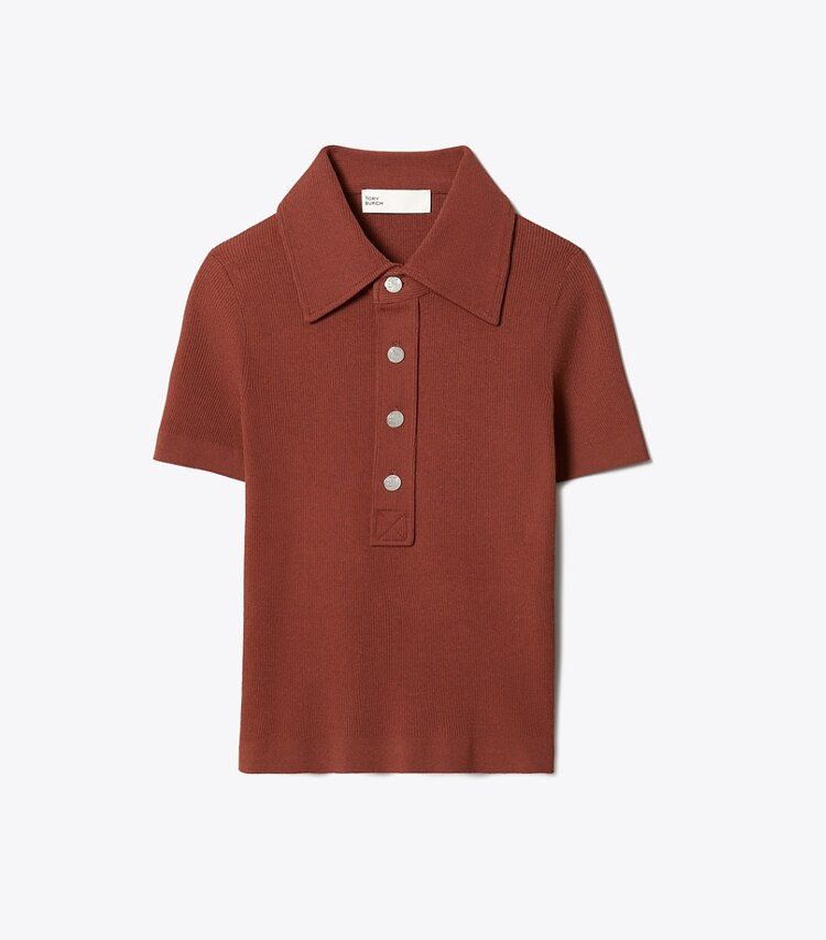 Tory Burch designer sweaters Chandail polo en viscose côtelée dans Rich Manogany de face