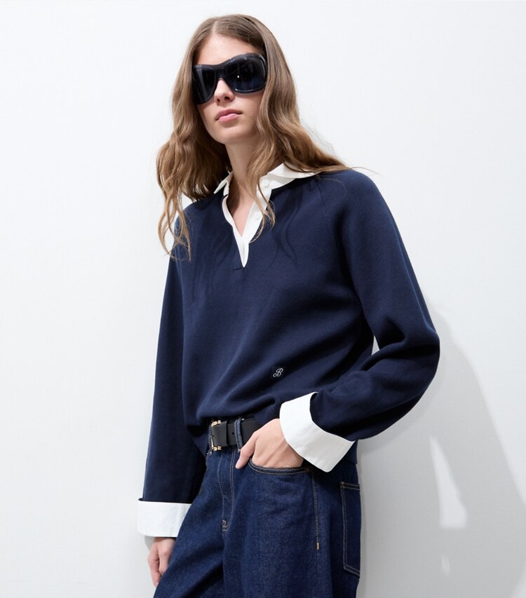 Tory Burch designer sweaters Chandail rugby dans Navy détail sur modèle