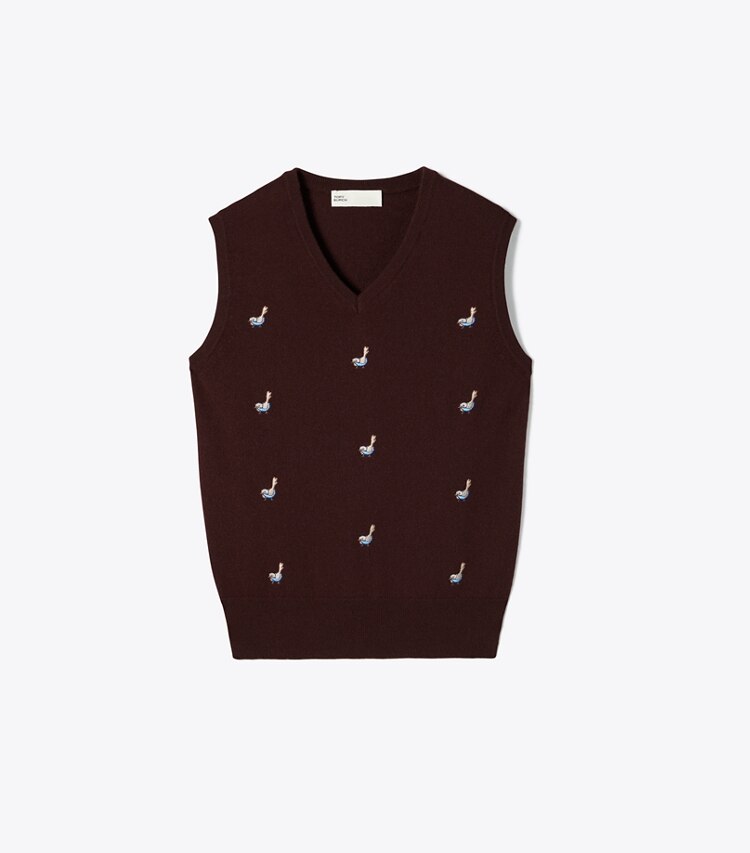 Tory Burch designer sweaters Chandail sans manches Birdie en cachemire dans Dark Winterberry de face