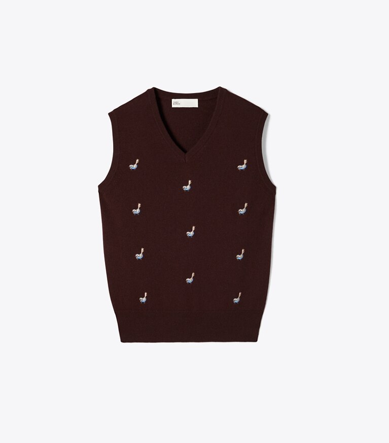 Tory Burch designer sweaters Chandail sans manches Birdie en cachemire dans Dark Winterberry de face