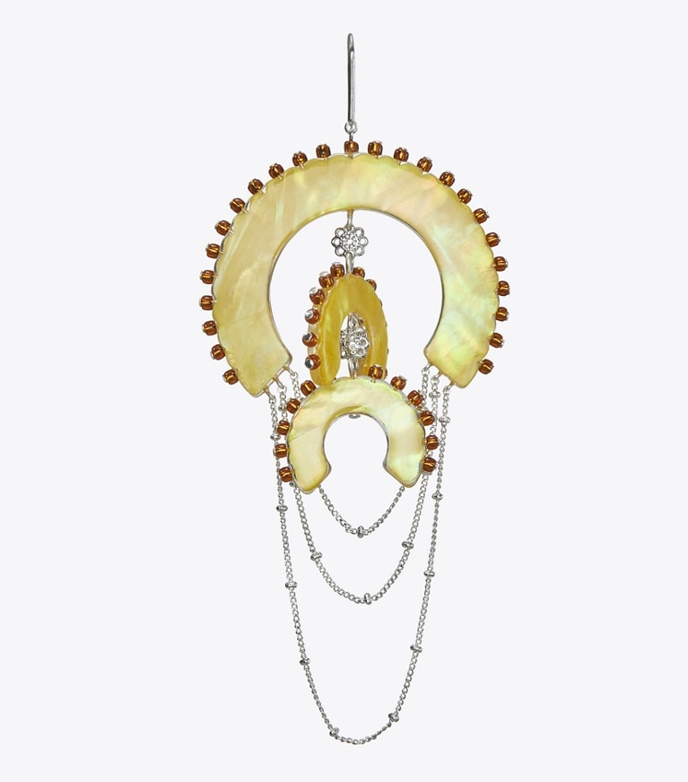 Tory Burch designer ohrringe Chandelier-Ohrringe mit Kunstharz und Perlen in Antique Light Silver / Yellow front