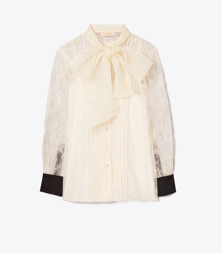 Tory Burch designer tops Chantilly Lace Bow Blouse in New Ivory front
