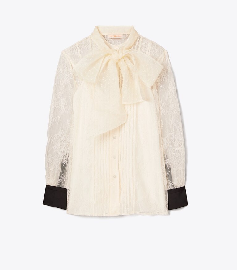 Tory Burch designer tops Chantilly Lace Bow Blouse in New Ivory front
