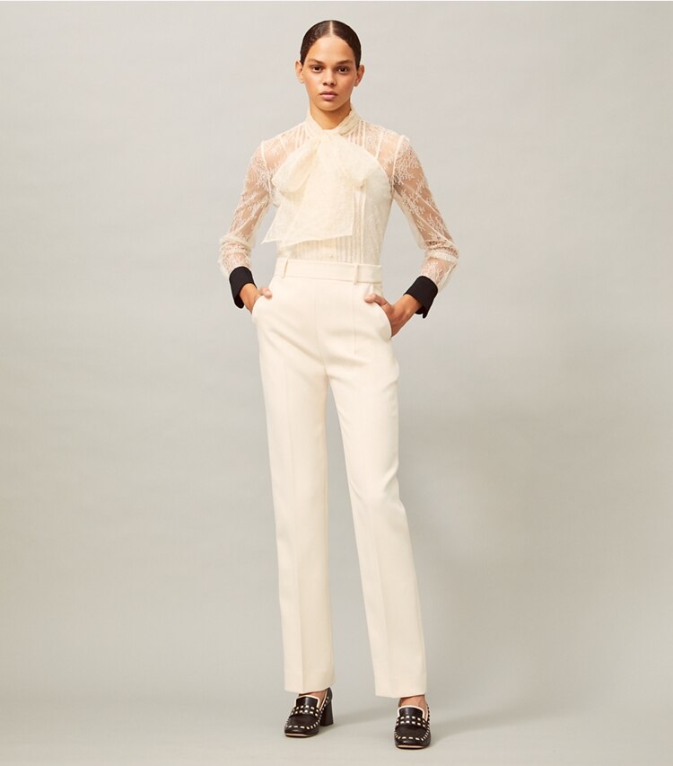 Tory Burch designer tops Chantilly Lace Bow Blouse in New Ivory on model front