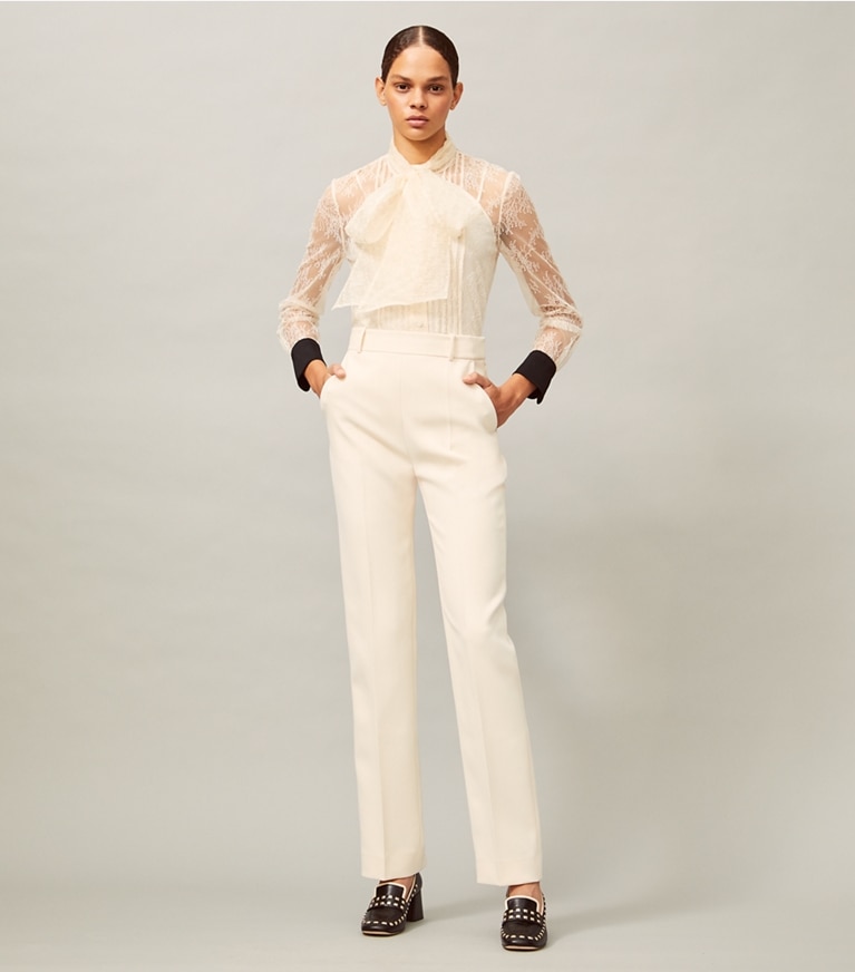 Tory Burch designer tops Chantilly Lace Bow Blouse in New Ivory front