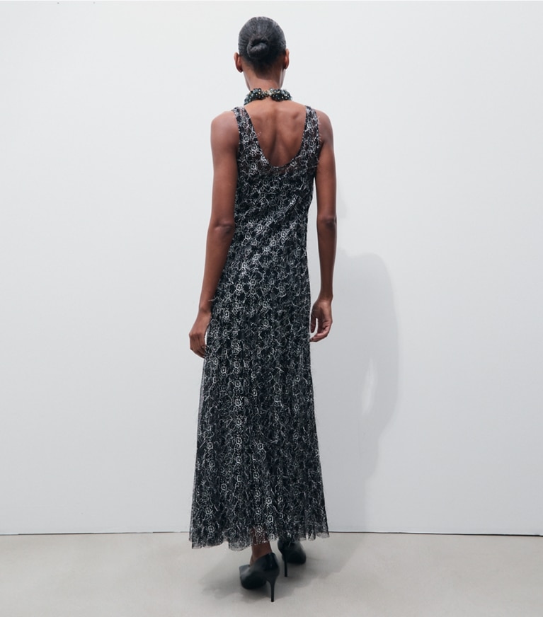 Tory Burch designer dresses Chantilly Lace Fil Coupé Dress in BLACK on model back