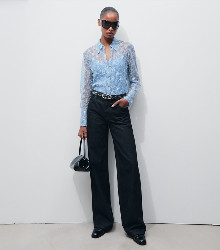 Tory Burch designer tops Chantilly Lace Fil Coupé Shirt in Blue Porcelain additional on model