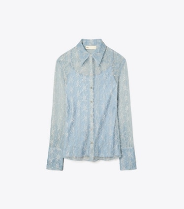 Tory Burch designer tops Chantilly Lace Fil Coupé Shirt in Blue Porcelain front