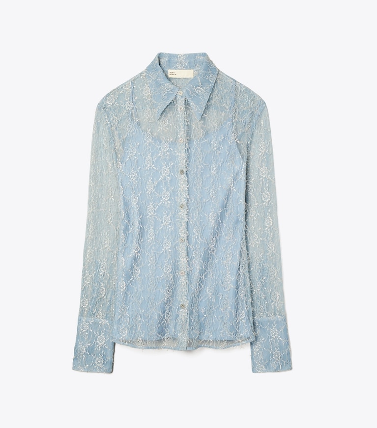 Tory Burch designer tops Chantilly Lace Fil Coupé Shirt in Blue Porcelain front