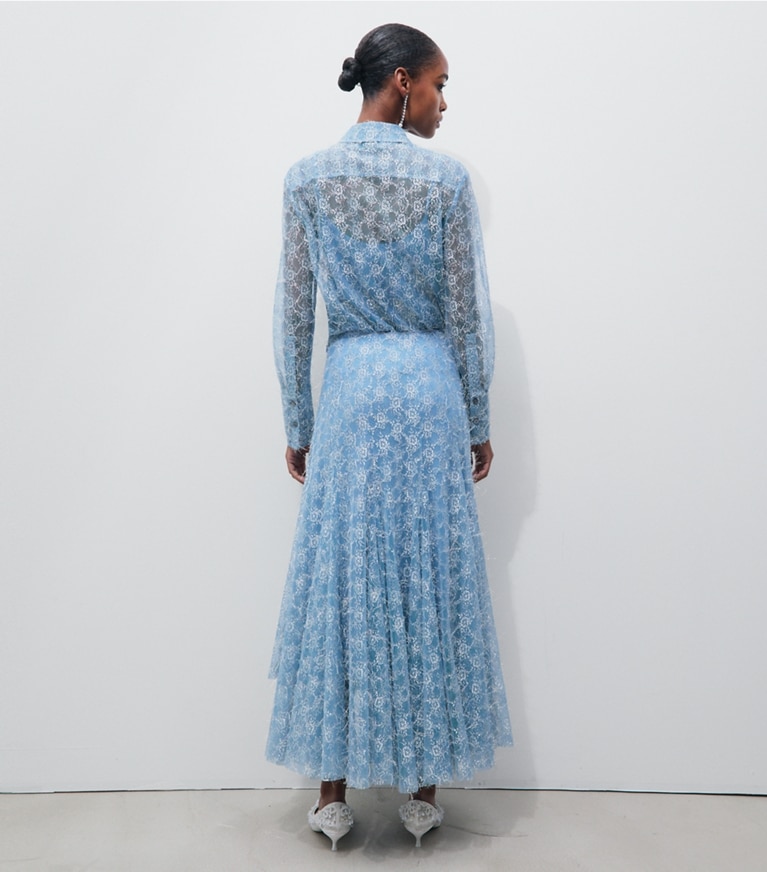 Tory Burch designer tops Chantilly Lace Fil Coupé Shirt in Blue Porcelain on model back