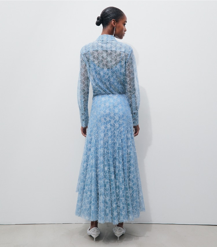Tory Burch designer bottoms Chantilly Lace Fil Coupé Skirt in Blue Porcelain on model back