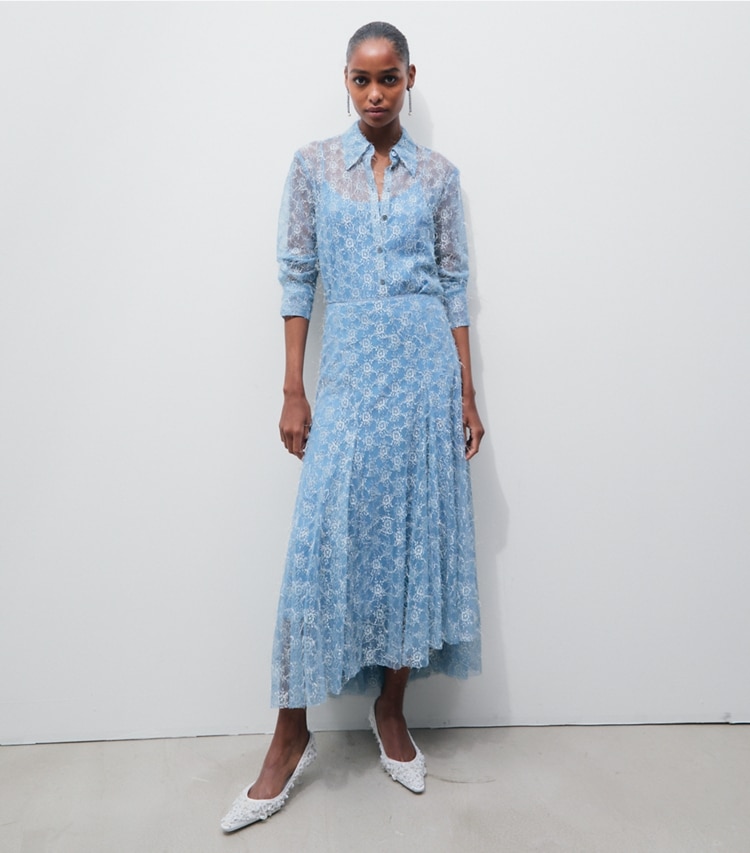 Tory Burch designer bottoms Chantilly Lace Fil Coupé Skirt in Blue Porcelain on model front