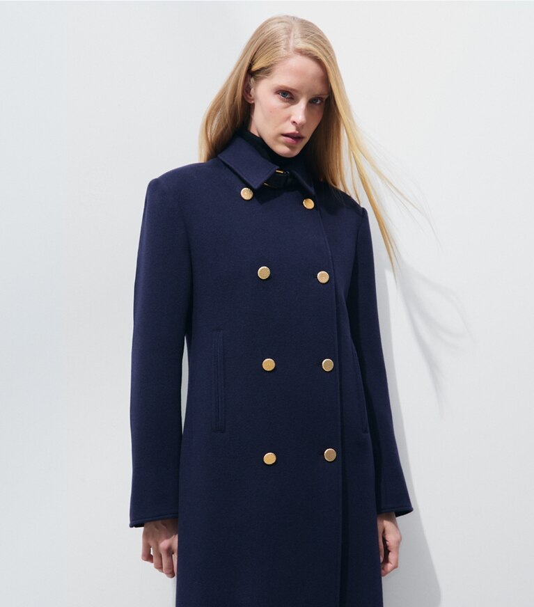 Tory Burch diseñador abrigos Chaquetón cruzado largo de lana entallado en Medium Navy detalle en modelo