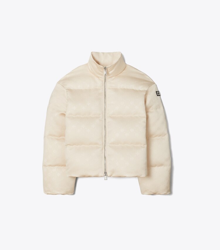 Tory Burch diseñador abrigos Chaqueta acolchada de satén con monograma de T en Prosecco frontal