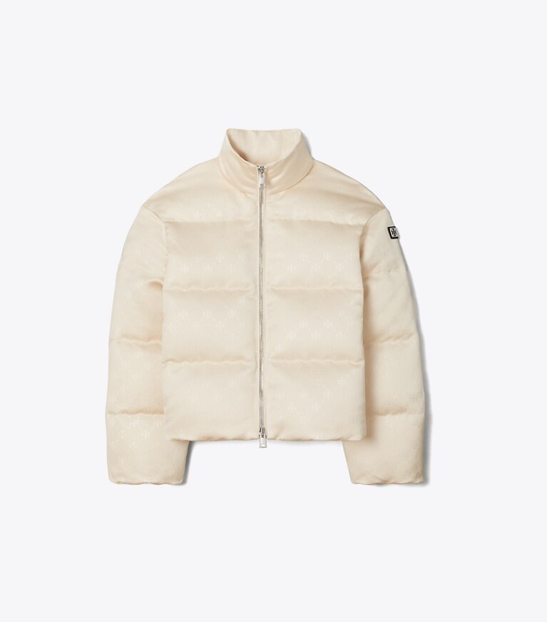 Tory Burch diseñador abrigos Chaqueta acolchada de satén con monograma de T en Prosecco frontal