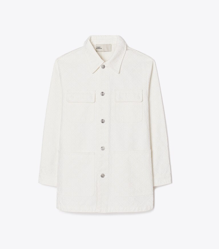 Tory Burch diseñador chaquetas Chaqueta Barn denim con monograma T en Off-white / White T Monogram frente
