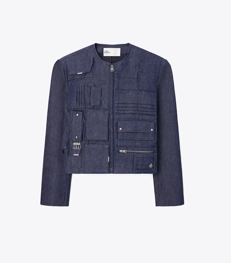 Tory Burch diseñador chaquetas Chaqueta bolso de mezclilla en Raw/Unwashed frente