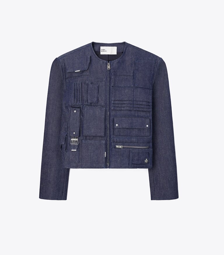 Tory Burch diseñador chaquetas Chaqueta bolso de mezclilla en Raw/Unwashed frente