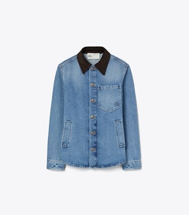 Tory Burch diseñador chaquetas Chaqueta camisera de denim en Light Vintage Wash frente