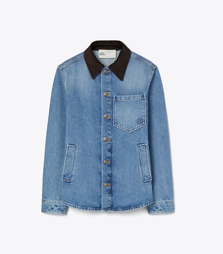 Tory Burch diseñador chaquetas Chaqueta camisera de denim en Light Vintage Wash frente
