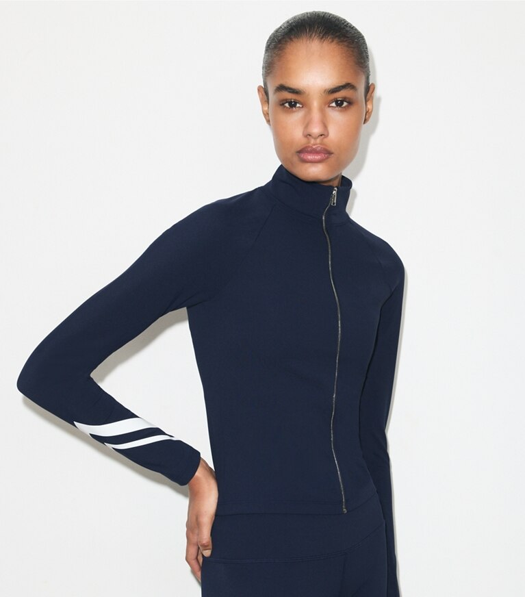 Tory Burch diseñador tops Chaqueta con cierre completo Chevron en TORY NAVY detalle en modelo