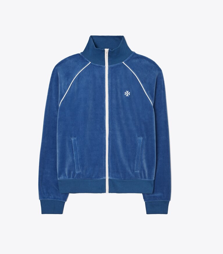Tory Sport diseñador chaquetas Chaqueta de chándal de velvetón en Blue Wash frontal
