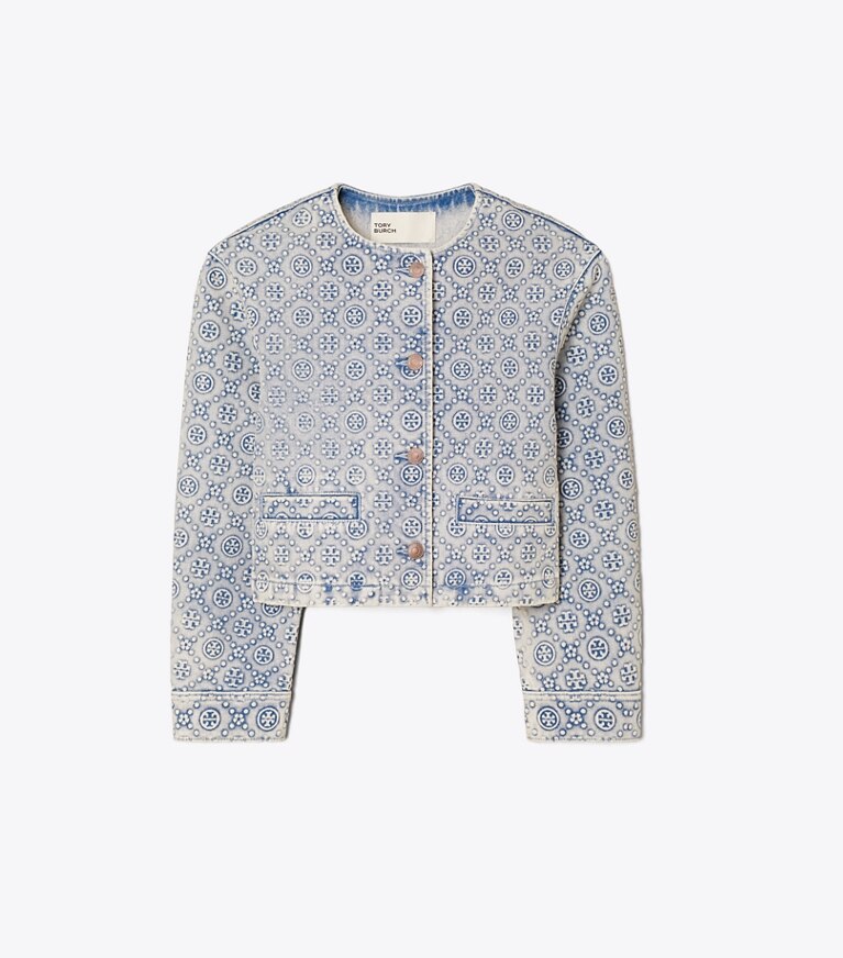 Tory Burch diseñador chaquetas Chaqueta de denim con monograma T en Bleached Wash T Monogram frente