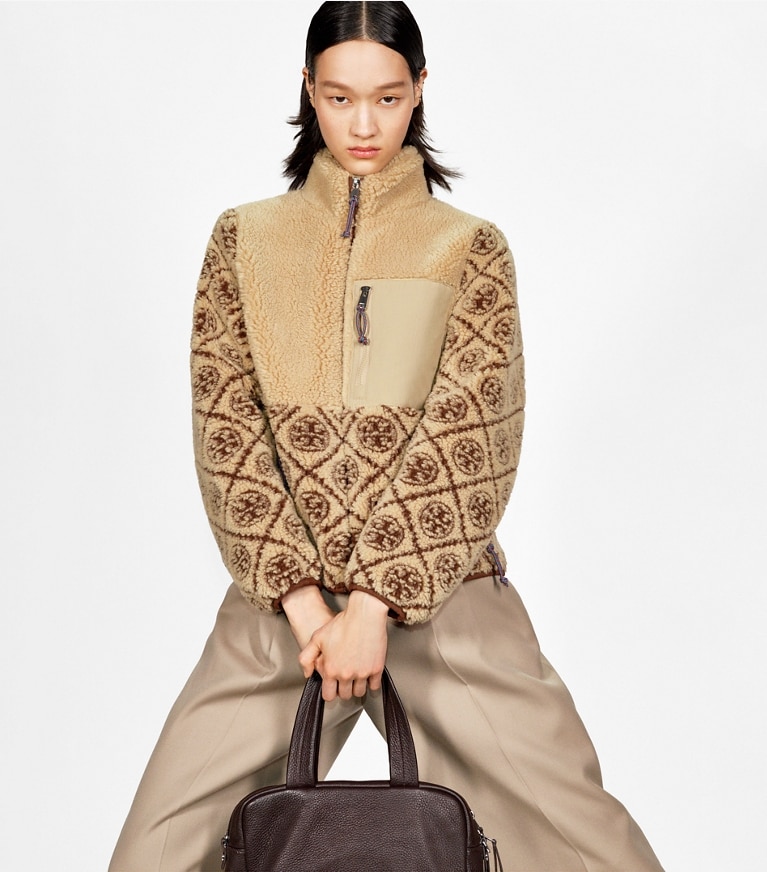 Tory Burch diseñador abrigos Chaqueta de forro polar con monograma de T en Oatmeal campaña