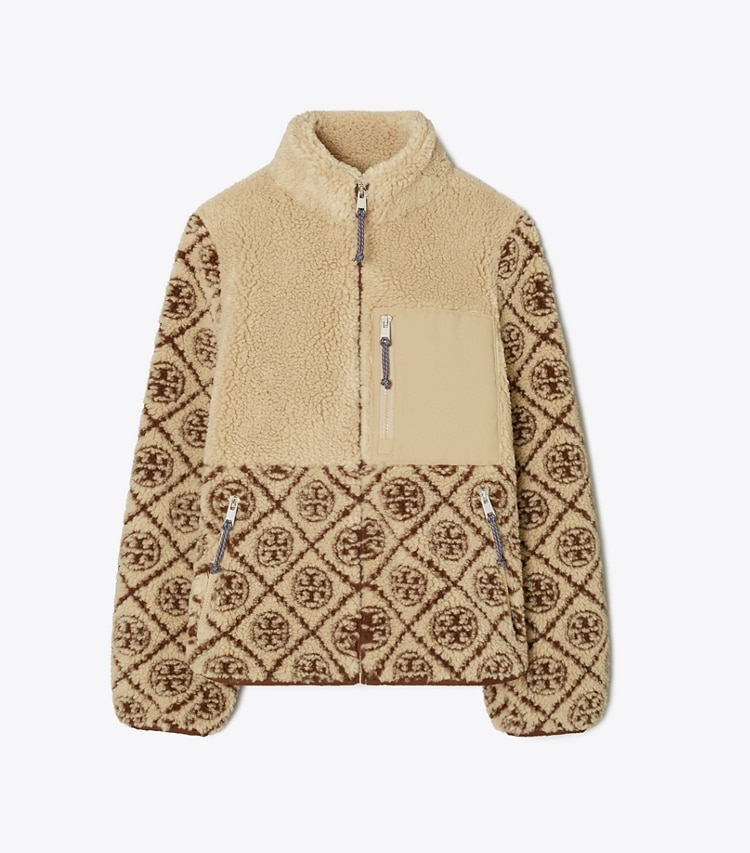 Tory Burch diseñador abrigos Chaqueta de forro polar con monograma de T en Oatmeal frontal