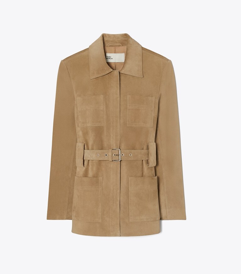 Tory Burch diseñador chaquetas Chaqueta de gamuza con cinturón en Light Brown frente