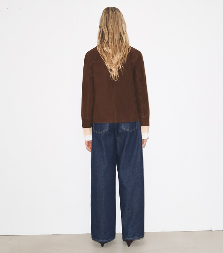 Tory Burch diseñador chaquetas Chaqueta de gamuza en Light Chocolate parte posterior en modelo