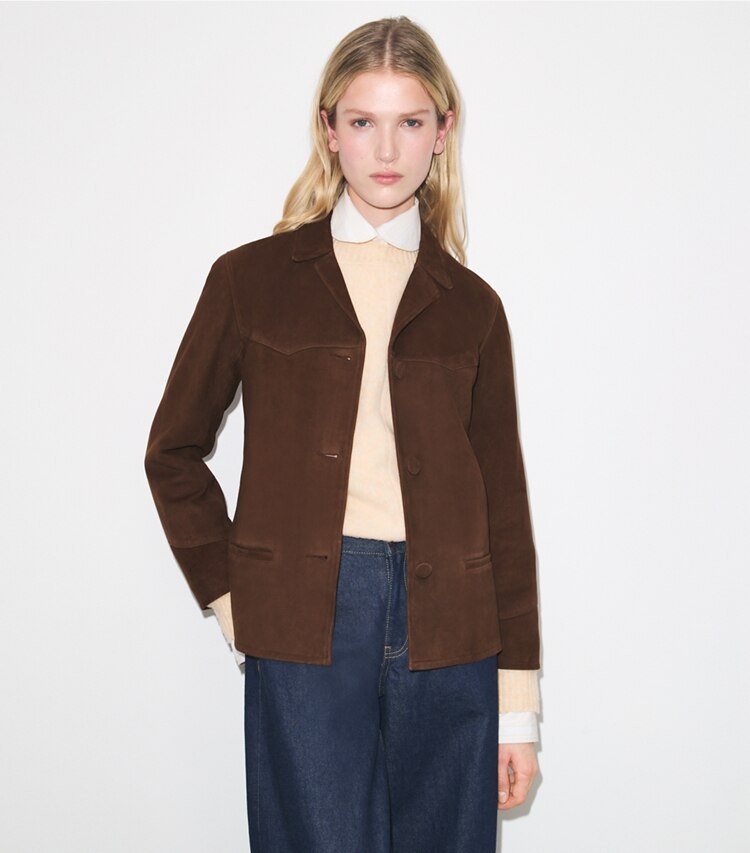 Tory Burch diseñador chaquetas Chaqueta de gamuza en Light Chocolate detalle en modelo