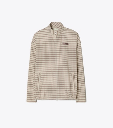 Tory Burch diseñador chaquetas Chaqueta de golf de nailon a cuadros en Crimson Rust Dense Plaid Sport frente