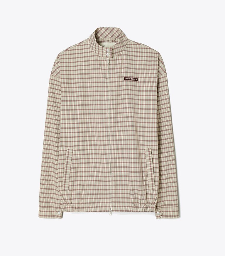 Tory Burch diseñador chaquetas Chaqueta de golf de nailon a cuadros en Crimson Rust Dense Plaid Sport frente