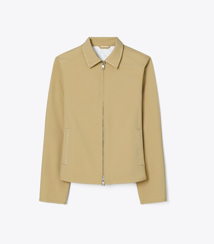 Tory Burch diseñador chaquetas Chaqueta de golf de nailon bordada en Taupe Gray frente