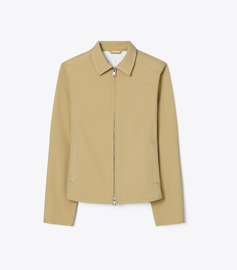 Tory Burch diseñador chaquetas Chaqueta de golf de nailon bordada en Taupe Gray frente
