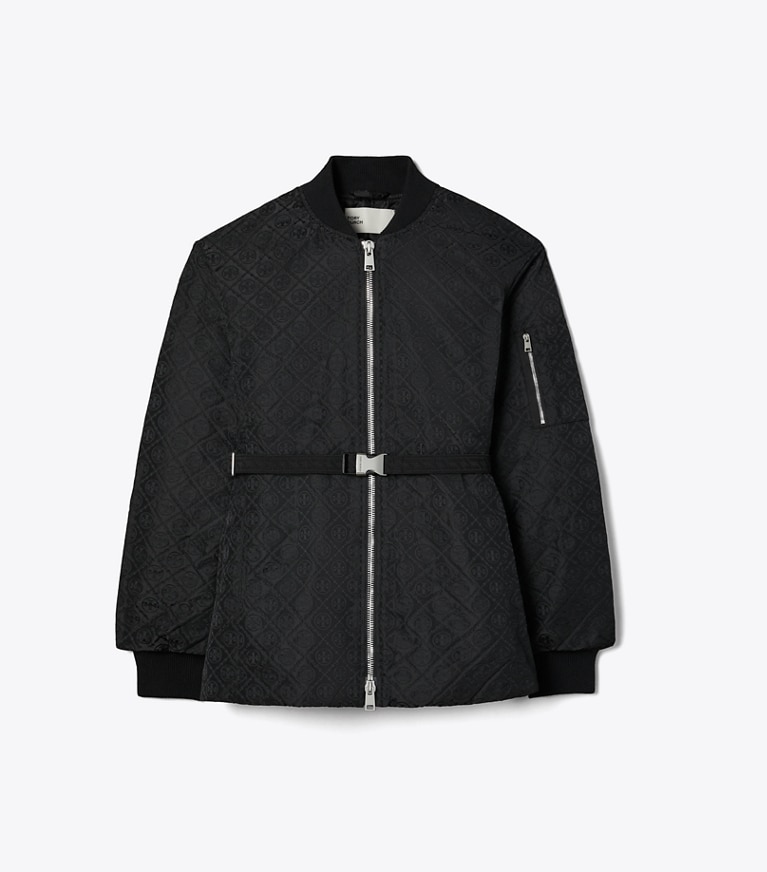 Tory Burch diseñador chaquetas Chaqueta de jacquard con monograma de T con cremallera en Black T Monogram frontal