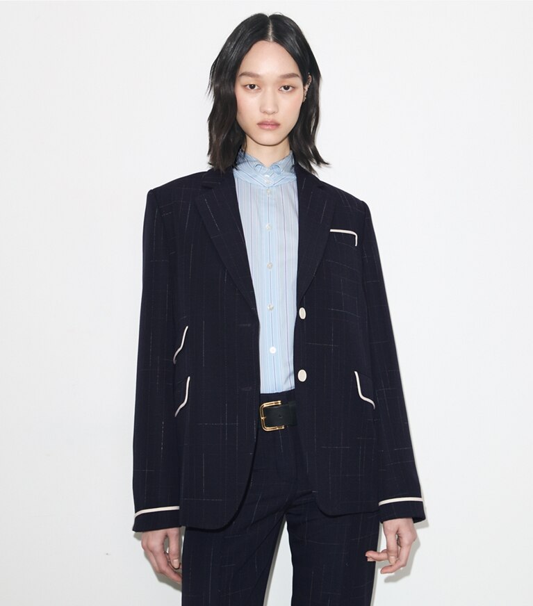 Tory Burch diseñador chaquetas Chaqueta de lana Buddy en Dark Navy / Copper detalle en modelo